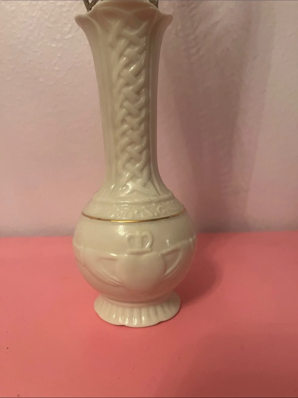 Belleek Cream Ceramic Bud Vase with Gold Trim